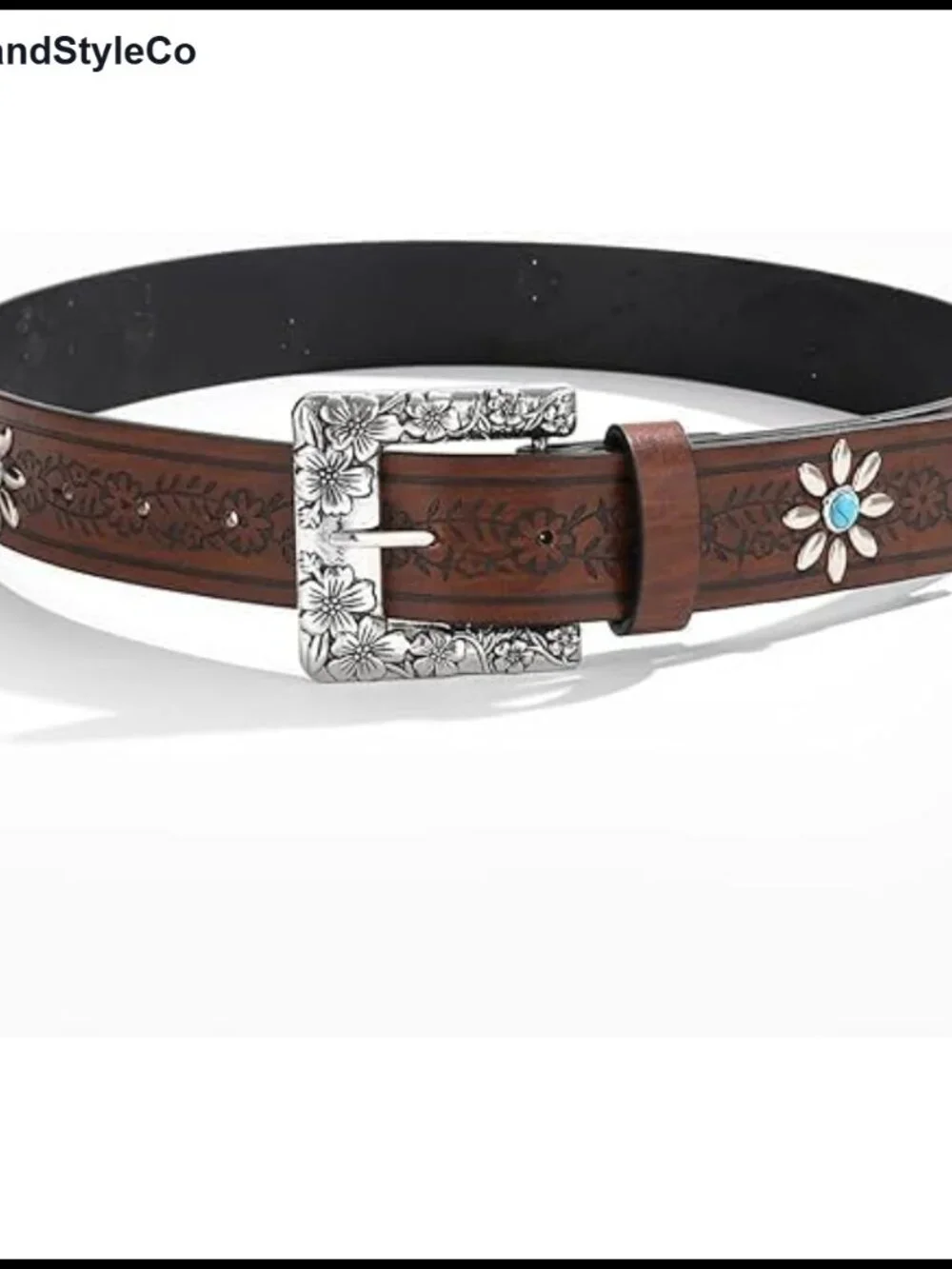 Western Cowboy Belt for Women, Faux Leather Flower Embossed with Silver Buckle
